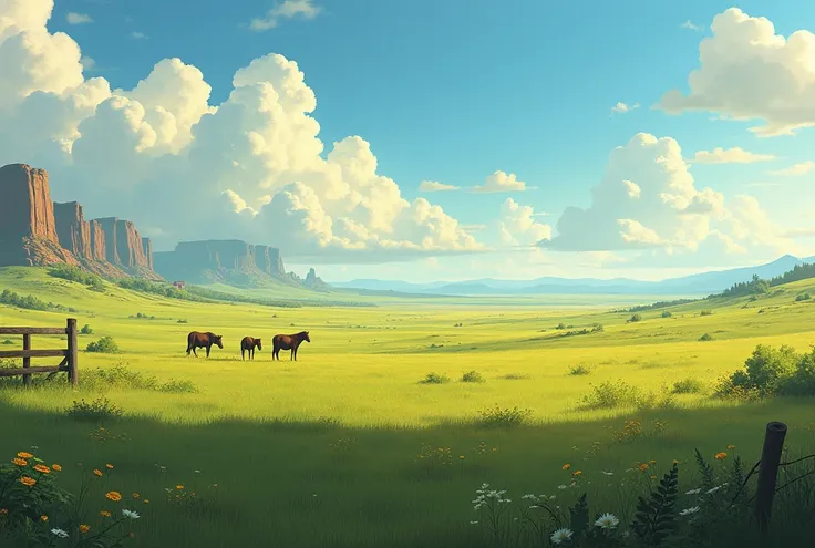 A verdant pasture that reaches the surrounded horizon.   I would like the art in a fantasy RPG style  . In the Old West