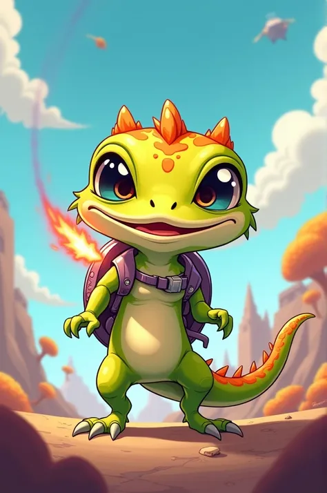 Cartoon cute lizzard with rocket backpack