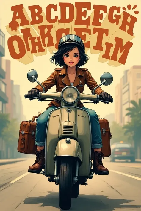  smileの美しくてかわいい女性, Disheveled Black Hair Shortcut  , helmet、goggles、gloves、jeans、boots、 Riding a moped with luggage  .。、 High Resolution ,smile, far and near method, masterpiece, Accurate,  best quality,   American style propaganda poster with capital lett...