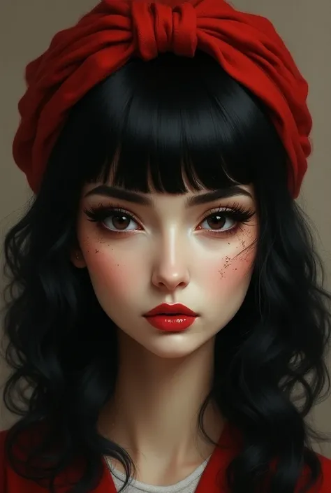  Woman with straight black hair with curlers with bangs and white skin . 40 years old,  black eyes , with thin lips and red headband 
