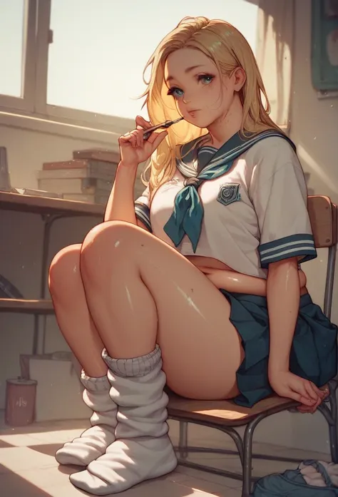 plump high school girl 、Long blonde hair、parted bangs、brown and shiny skin 、Sailor suit、 dirty loose socks、Best Quality,  highest resolution , illustration style