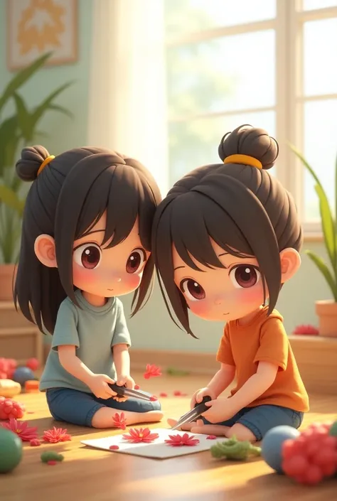 2 female students are sitting holding scissors cutting flowers indoors in 3D chibi cartoon style