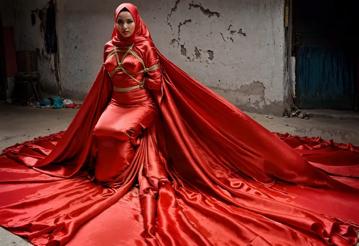 a woman shrouded in a 9-meter-long, plush transparent red satin cloth, tightly bound and grandly draping along the form of her b...