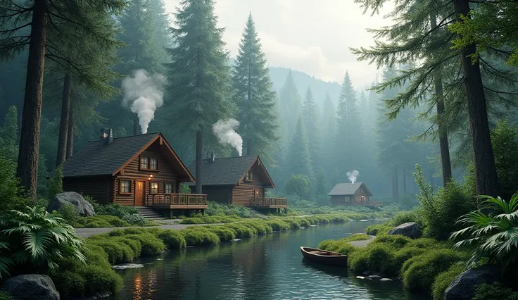 Beautiful landscapes of cabins in the forest 