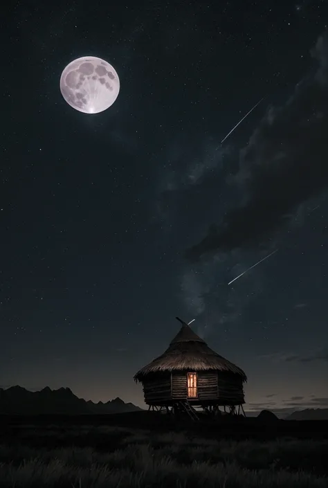 A distant shot of a witchs hut. She is flying overhead. It is a dark ominous night with a full moon in the sky barely piercing the darkness