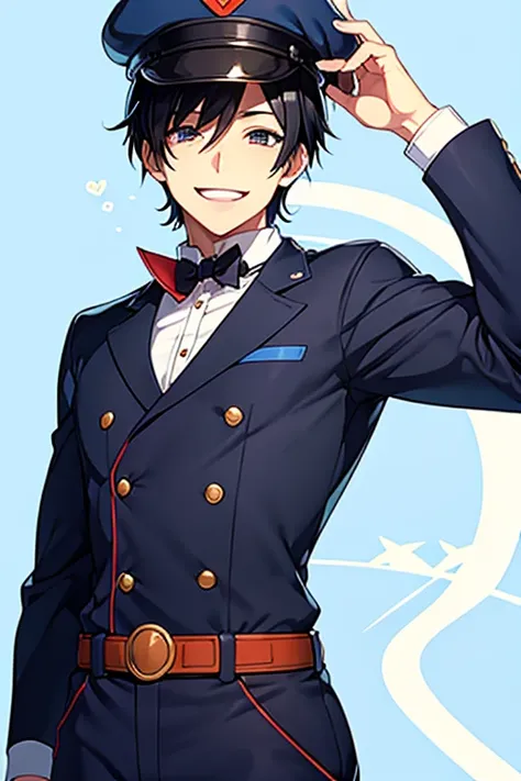  a cheerful anime-style gay man with short black hair, Blue postman outfit , Postmans hat, The background being a neighborhood