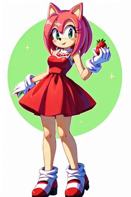 sonic the hedge girl holding a strawberry in her hand, amy rose red dress, from sonic, fight with strawberries, strawberry, full body portrait of a short!, sonic oc, high quality fanart, official art, inspired by Pearl Frush, cute art style, inspired by Lu...