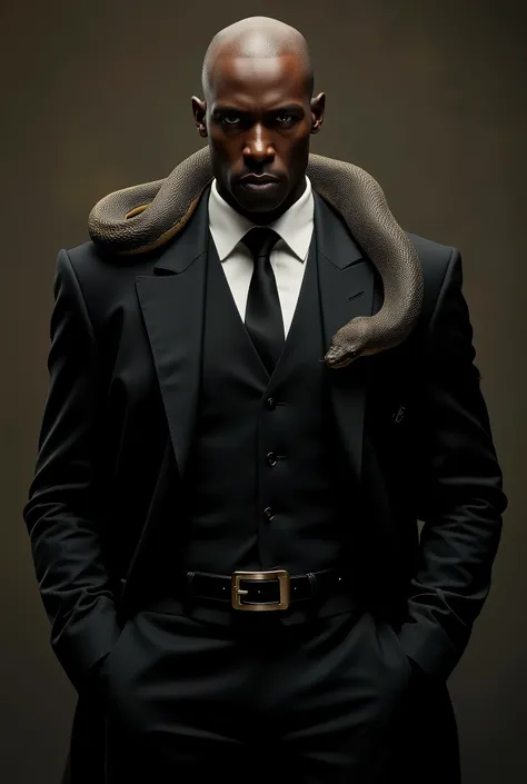 An african american human vampire with a bald head, a sharp business suit with a belt that has a huge buckle, brown eyes, a cobra snake over the shoulder. Full body image Face appearing 