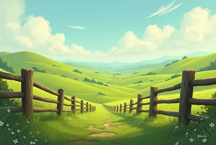 A verdant pasture that reaches the horizon completely surrounded by wooden fences.   I would like the art in a fantasy RPG style  . In the Old West