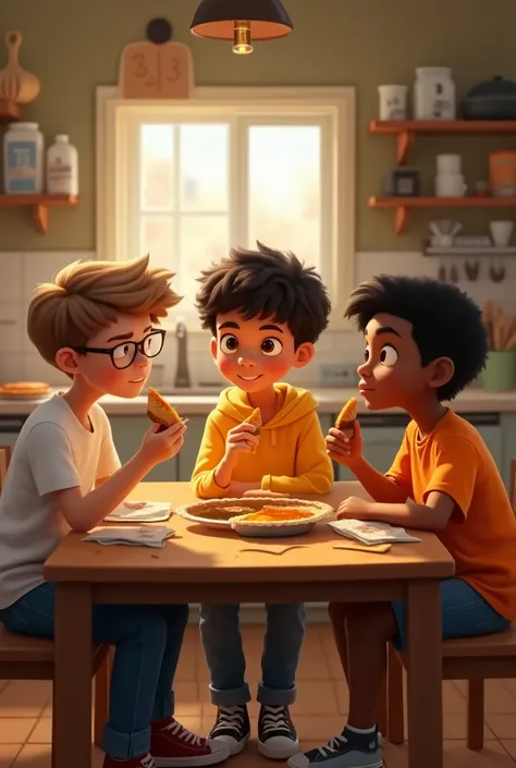  "Illustrate a warm and cozy kitchen scene for a rens math book, where three boys--Brayden, Jordan, and Peter--are eating a pumpkin pie, each enjoying a slice. The kitchen should have a rustic and inviting feel, with elements like a wooden table, pie dish,...