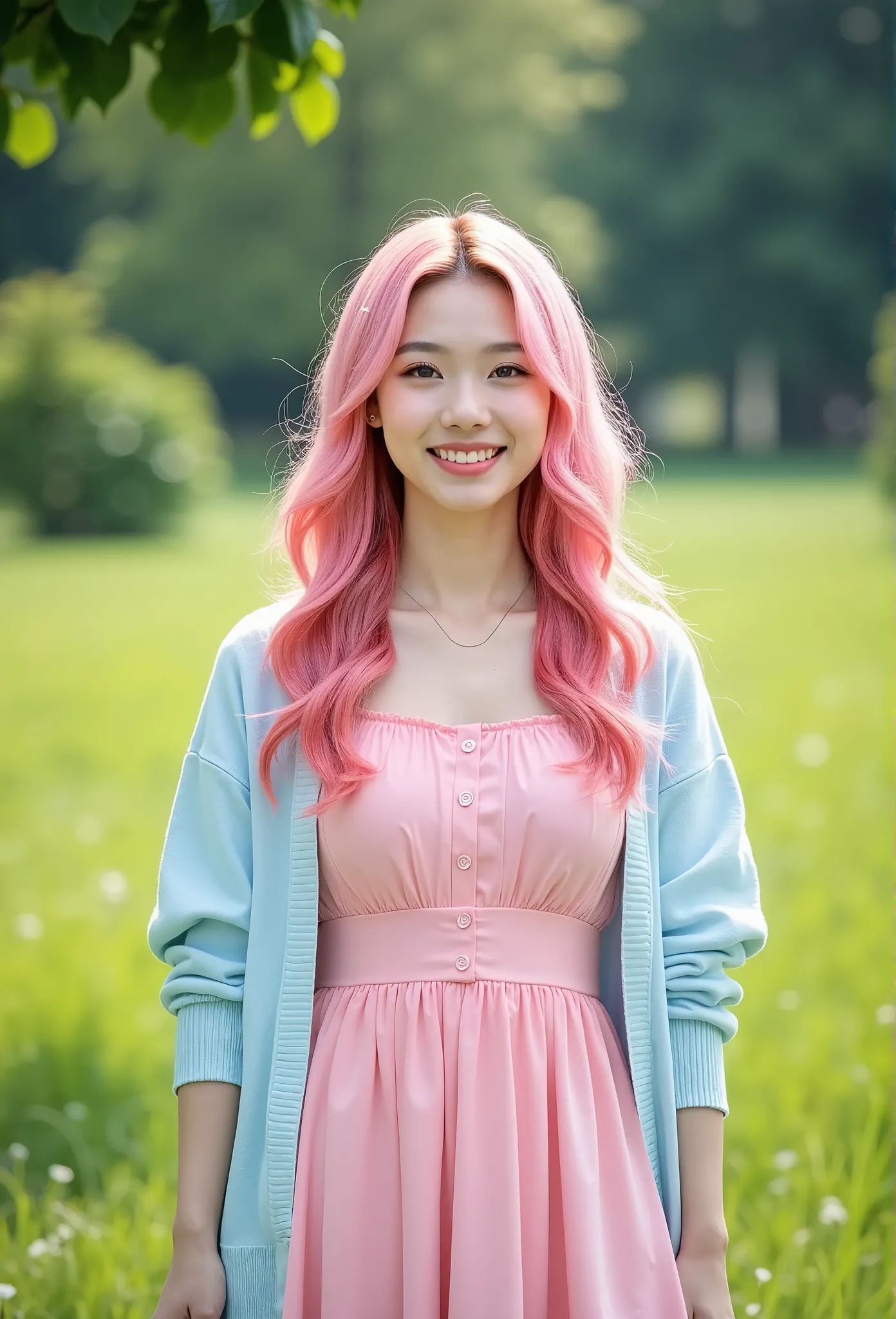 Professional photography, model shoot, realistic, portrait, a young Asian girl with long curvy pink hair, she wearing a long pink sundress and a light blue cardigan, smiley, set in green grass field, daylight, outdoor