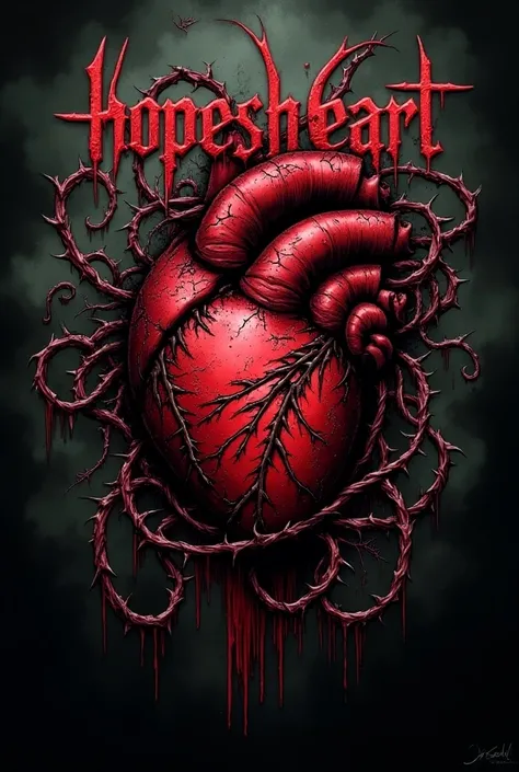 Metalcore band logo with the text “HopesHeart”. The logo should include a bloody heart, thorns, maggots and anything evil 