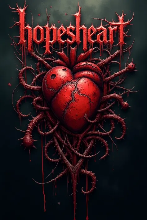 Metalcore band logo with the text “HopesHeart”. The logo should include a bloody heart, thorns, maggots and anything evil 