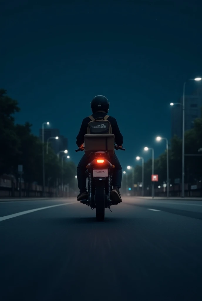 "A delivery rider on a motorcycle seen from behind, riding down an empty road at night. The sky is dark with a few stars visible, and the road is illuminated by the headlights of the bike. The rider is wearing a helmet and a backpack with a delivery logo o...