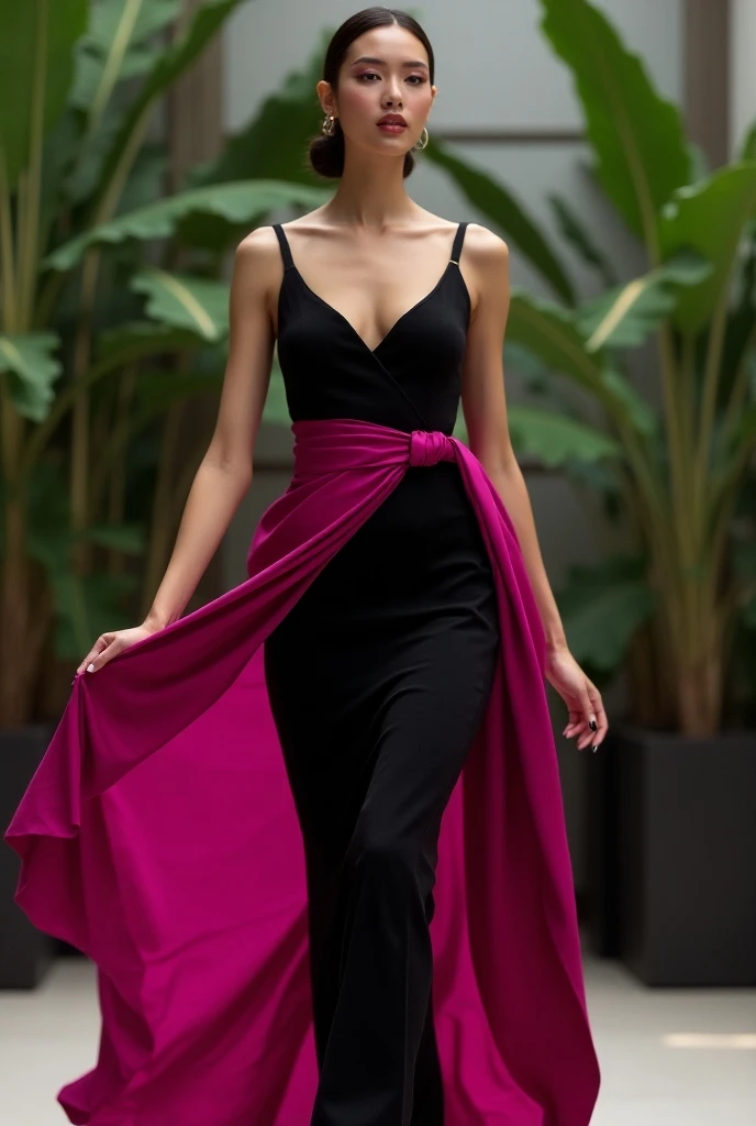 Combine black dress with fuchsia sarong