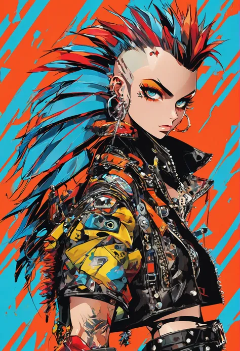 (( Quel Pointero ,  highly detailed and expressive eyes by Plano General :1.6), punk rebelled , young punk , clothes with spikes , ((Mohawk :1.5)), (( Action Pose :1.5)), revolutionary, Punk clothes、Leather pants, masterpiece, High image quality,  best 4k ...