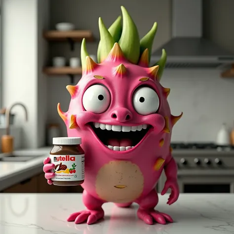 A highly realistic dragon fruit standing in a modern kitchen, holding a bottle of Nutella in one hand. The dragon fruit has its characteristic textured pink and green skin, looking just like a real fruit. Its face has funny, exaggerated expressions, as if ...