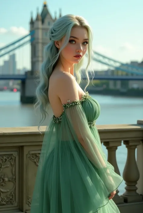 A beautiful sexy Girl with pure green with flowers on , creamy blue hair, green Long dress,model pose, Blue eyes ,  biggest boobs,  , realistic photo , over London bridge, beautiful view , in long pajamas pants, setting in 