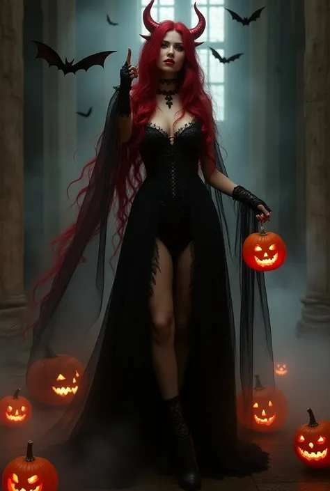 A beautiful vampire maiden goddess with long crimson ombre hair and small red horns, vampire winged. She is dressed in a Halloween-themed outfit, intricately designed with dark lace and red accents, capturing the essence of both elegance and spookiness. Sh...