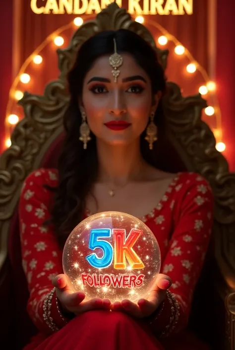  An Asian woman wearing a red dress with intricate patterns and details . Sitting on a royal chair holding a glass ball ,  inside the glass ball is written 5K FOLLOWERS in colorful colors. the background of the LED lights reads CANDANI KIRAN  