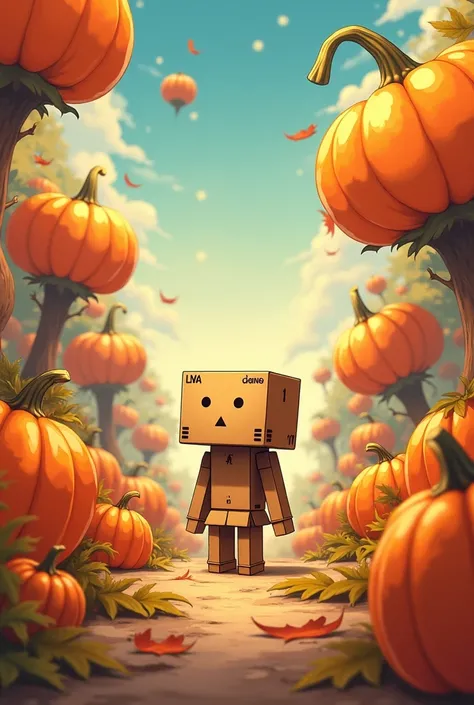 danbo stand in the middle of pumpkin world, anime style