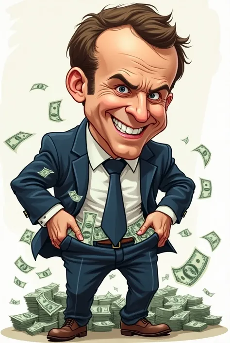 Cartoon of Emmanuel Macron filling his pockets with money 