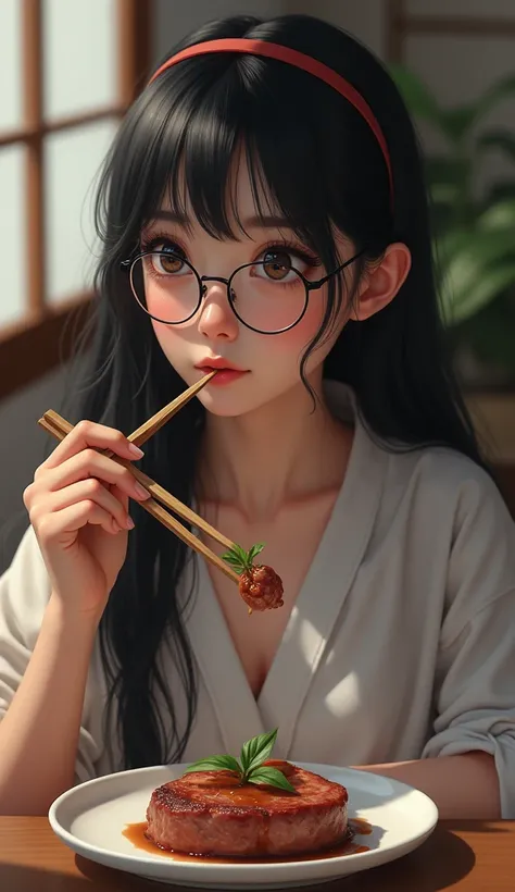 Wearing glasses, 1 Japan, Long Hair, High resolution, Small breasts, vision, Black Hair, Anatomically correct, Sparkling eyes, Eyebrows hidden under hair, hair band, Long shirt dress, Full body portrait,Long Hair, look up, Portrait Photography, Eat delicio...