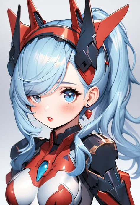 Cute,   High definition, parting bangs , ponytail ,  long hair,  light blue hair ,  one-eye hair , high tails , medium breasts, cat ears, earrings, blush, parted lips,  blue eyes , red lips,   looks at the viewer , Hair band, Mecha костюм