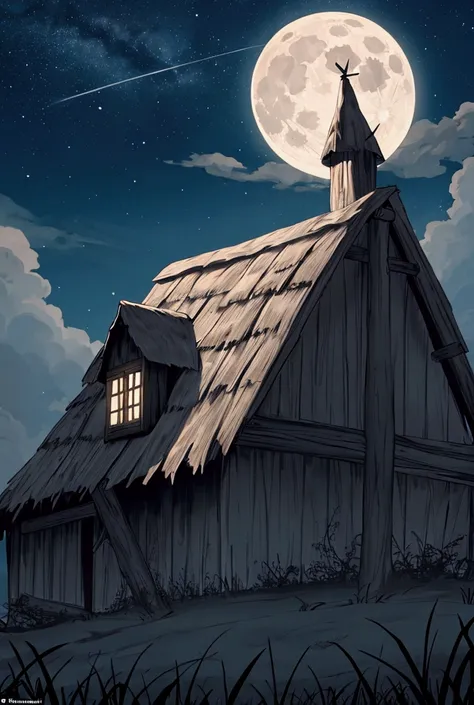 A distant shot of a witchs hut. A beautiful voluptuous skimpy clad witch is flying overhead. It is a dark ominous night with a full moon in the sky barely piercing the darkness