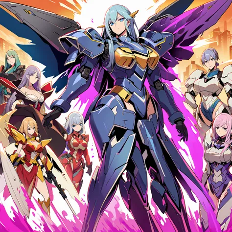 Anime, high detailed, multiple womans, mature womans, shiny-like mecha armor, large mechanical wings, large Gauntlet, serious, curvy body, long mechanical wings, mecha weapons、Colored armors、magenta Colored aura、BLUE Eyes, elongated pupils,  Mature Woman、m...