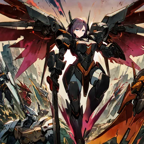 Anime, high detailed, multiple womans, mature womans, shiny-like mecha armor, large mechanical wings, large Gauntlet, serious, curvy body, long mechanical wings, mecha weapons、Colored armors、magenta Colored aura、BLUE Eyes, elongated pupils,  Mature Woman、m...