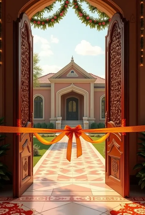 Image of a house gate with a ribbon on the main door for ribbon cutting for housewarming cermeony (lavish indian home)
