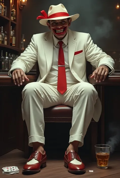 Create a brown man and he shows up with a psychopathic smile, smoking cigarettes and drinking whiskey and playing cards at a full suit bar ,in white color, bicolor shoes , red tie and red ribbon Panama hat 