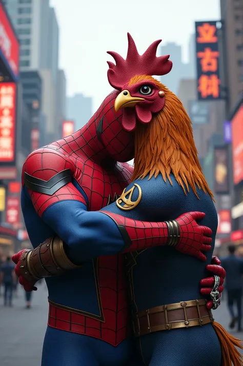 Spider-Man hugging Avenger Rooster 