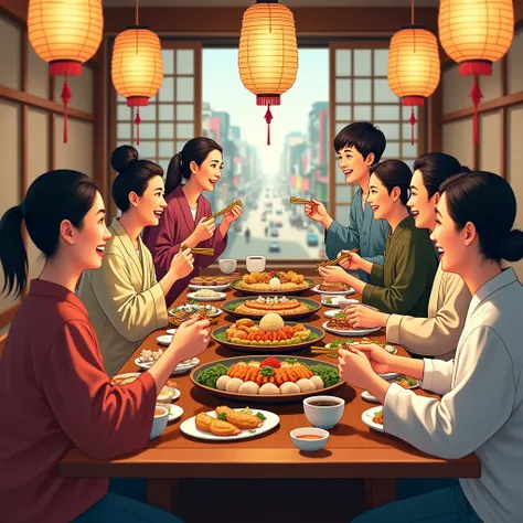  Traditional Japanese Restaurant Interior, Family Dinner, Paper Lanterns,  Wooden Girder ,  Big Feast , Various cuisines, sushi, fry, dumpling,  warm lighting ,  Bustling City Street View ,  Multi-generational Gathering , smiling face,  Chopsticks , Teacup...