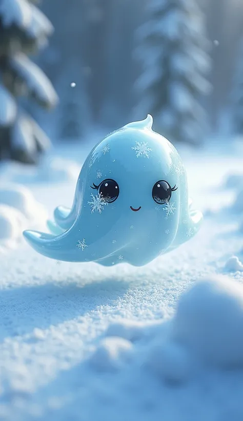 A shimmering white slime with snowflake patterns in its eyes, smiling softly as it glides down the cold, wintry runway.
