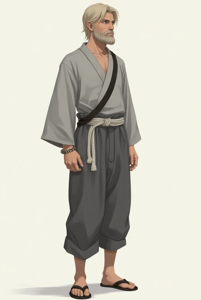  (Your full body ) Standing: A thin but athletic 20-year-old young medium-long dark blond hair full medium long beard blue eyes gray kimono shirt strap Japamala bracelet right wrist simple gray pants thick white rope like belt ties on shins simple slippers...