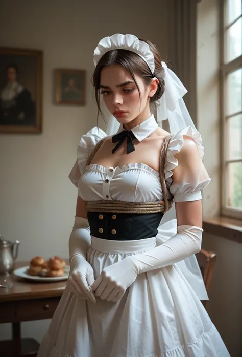 maid， white long gloves ，bound by a rope