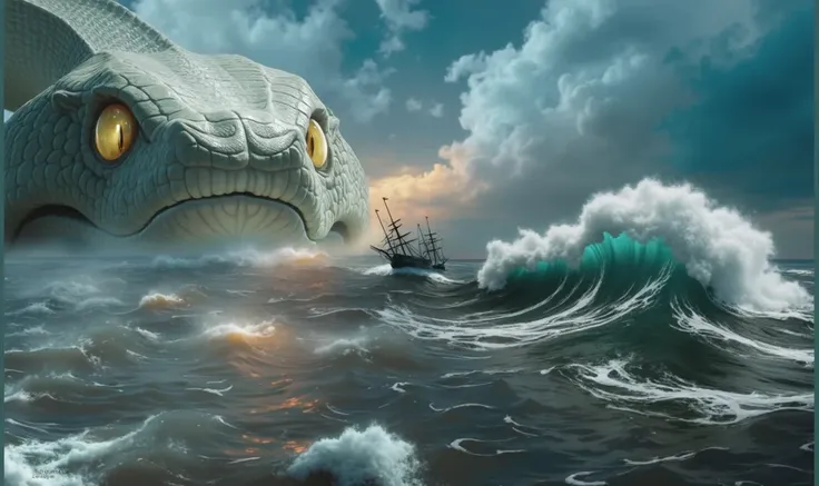  A sea monster looking like a large sea serpent emerging from the bottom of the ocean,  causing strong seas , Are there ships in the sea  