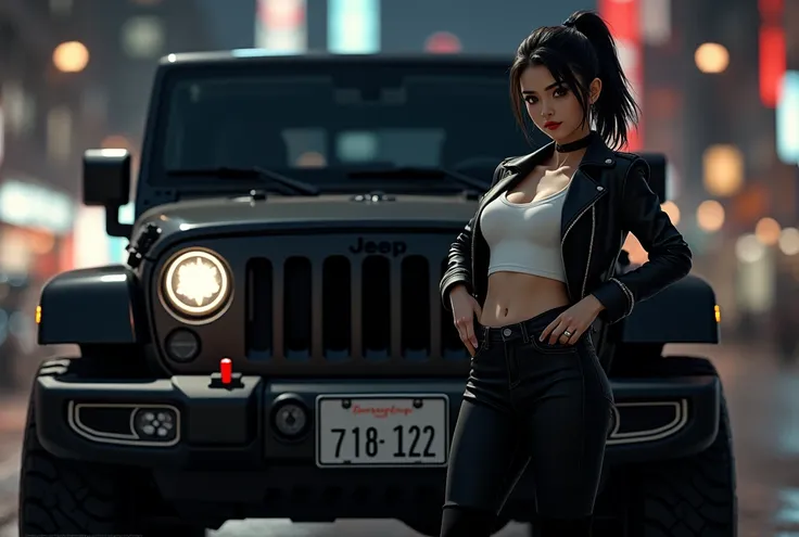 a beautiful japan woman, elegantly smile and poses confidently next to the door of a black Wrangler, wearing a black leather jacket, white crop t-shirt and long black jeans. She styled her ponytail black hair and stared at the camera with a fierce expressi...