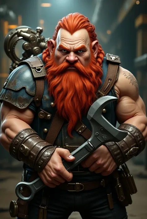 ,( ,4K,8k,    High resolution    ,  masterpiece:1.2),super detailed,   full body , dwarf, eyes,  steampunk mechanic ,   holding a large wrench,  red hair with braids , red beard with braids , futurist