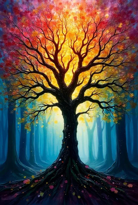 A  colorful glass painting in which tree is subject 