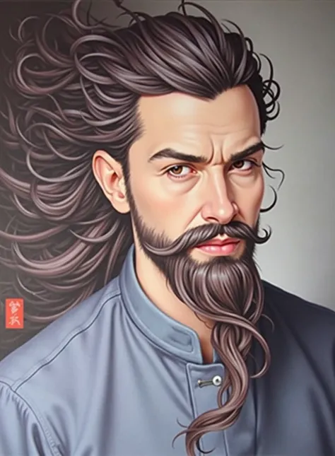  Painting of a Man with a Tangled Beard and Mustache ,  Inspired by Cao Zhibai , Michinaka Re , Panrenwei,  Art by De Hoang Thuong, kuang hong, treasure plate, Huang Guangjian,  Inspired by Lou Gee ,  Zhang Daqian  , maple,  inspired by Zhang Shunzi , KaBa...