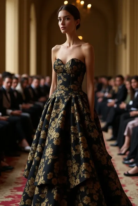 Haute Couture dress ,  flowers black and gold, Alexander McQueen, fancy, feather, had a