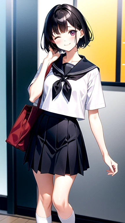 Looking at the viewer, Smile,  short hair, shirt, skirt,  multiple girls , Black Hair, 2 girls,  standing, Student Uniform, 白いshirt,  eyes closed , Short sleeve, プリーツskirt, socks, Serafuku, 黒いskirt,  sailor color, Lifting clothes、 Neckerchief、v、skirtたくし上げ、...