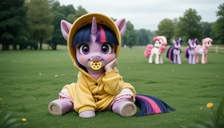 purple pony unicorn alone, purple wool , Twilight Sparkle, adult mare, dark blue with a purple strand and a pink strand of mane, gathered in a yellow bonnet, dark blue with purple streak and pink streak tail,  purple eyes , sitting outside on the grass, dr...