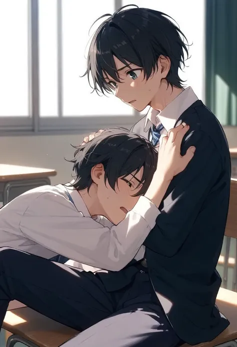 male、二人のmale、 high school student 、student uniform、slacks、loose tie、whole body、 black hair 、summer sunshine、study、二人のmaleが濃厚なキスを...