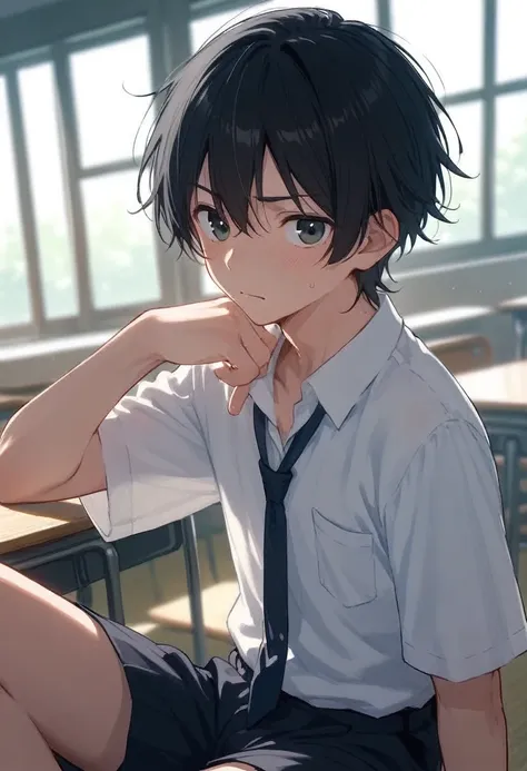 male、二人のmale、 high school student 、student uniform、slacks、loose tie、whole body、 black hair 、summer sunshine、study、二人のmaleが濃厚なキスを...