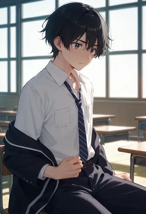 male、二人のmale、 high school student 、student uniform、slacks、loose tie、whole body、 black hair 、summer sunshine、study、二人のmaleが濃厚なキスを...