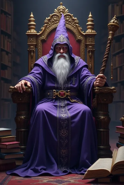  Create an RPG character , Let it be a wizard ,  sitting on a magic throne ,  surrounded by books , purple and shiny eyes, serious face,  with a staff and a grimoire in his hands.